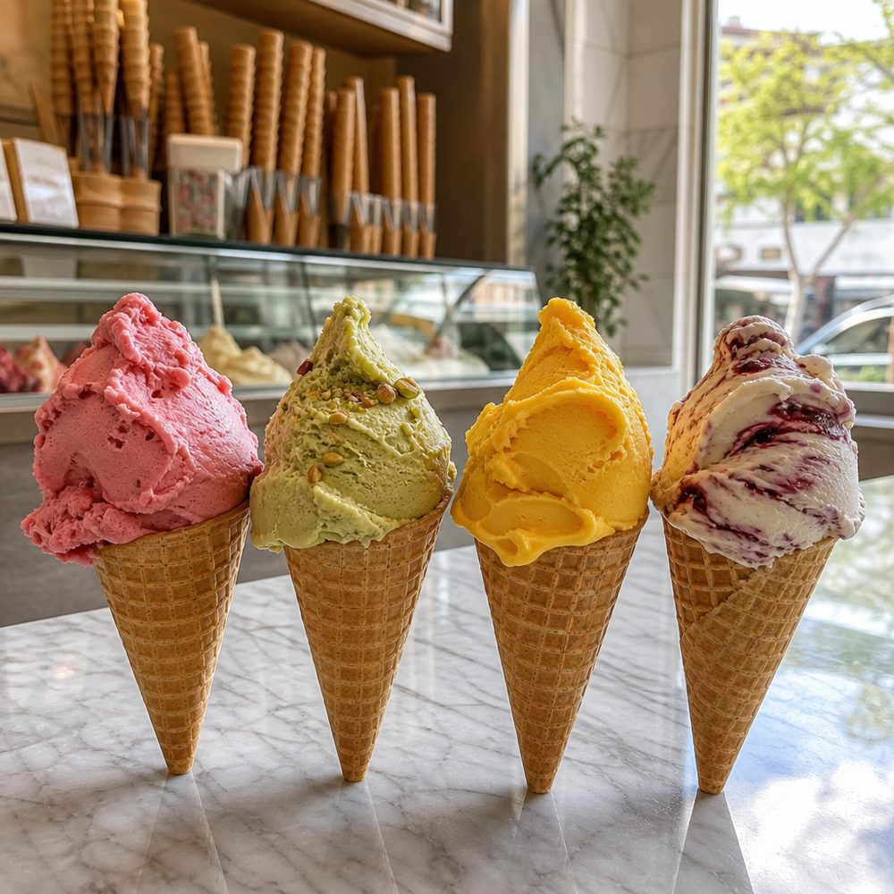 Assorted gelato flavors in the display case